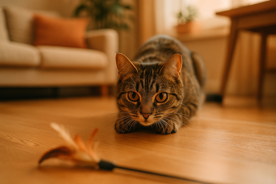 Indoor cat crouching in hunting position, focused on a feather toy