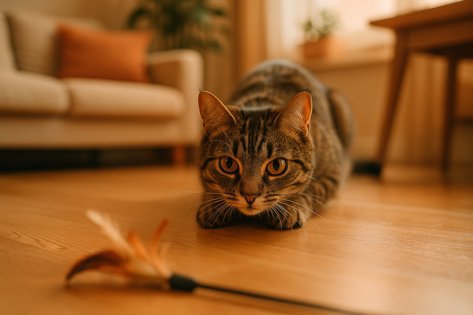 Indoor cat crouching in hunting position, focused on a feather toy