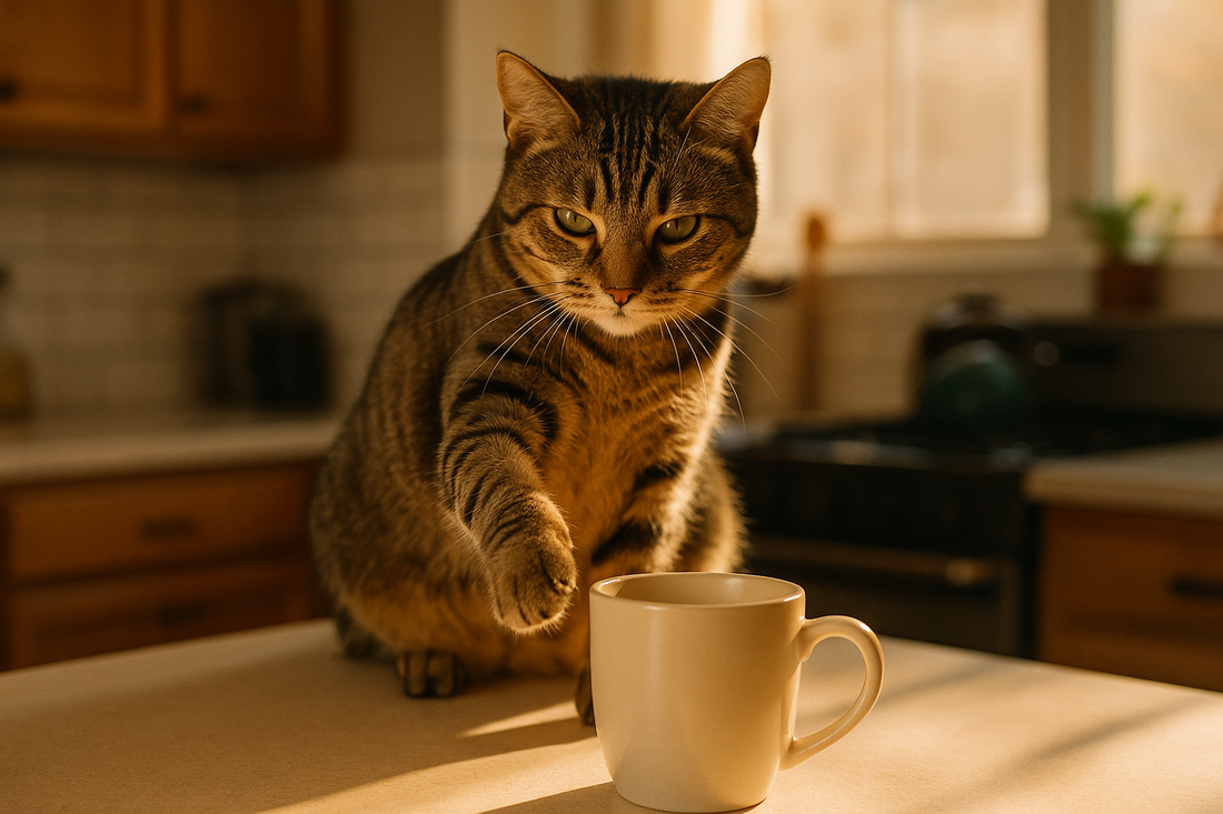 Cat on kitchen counter reaching toward a coffee mug