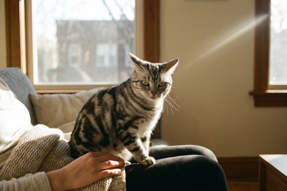 Cat biting owner's hand during a petting session on the couch