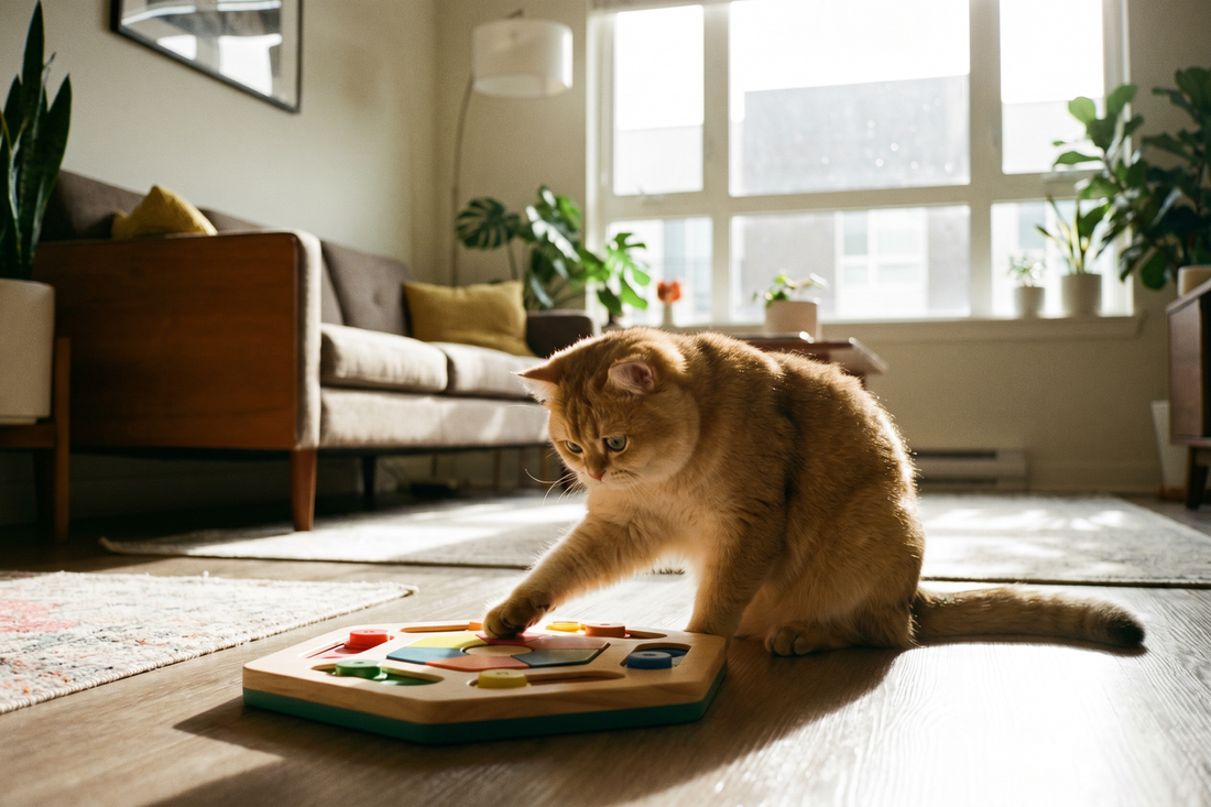 Collection of colorful cat enrichment toys including balls, feather wands, and puzzle feeders