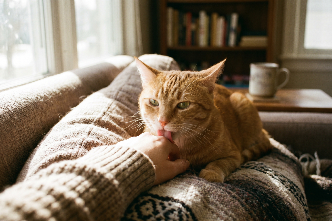 Cat licking owner's hand then gently biting it