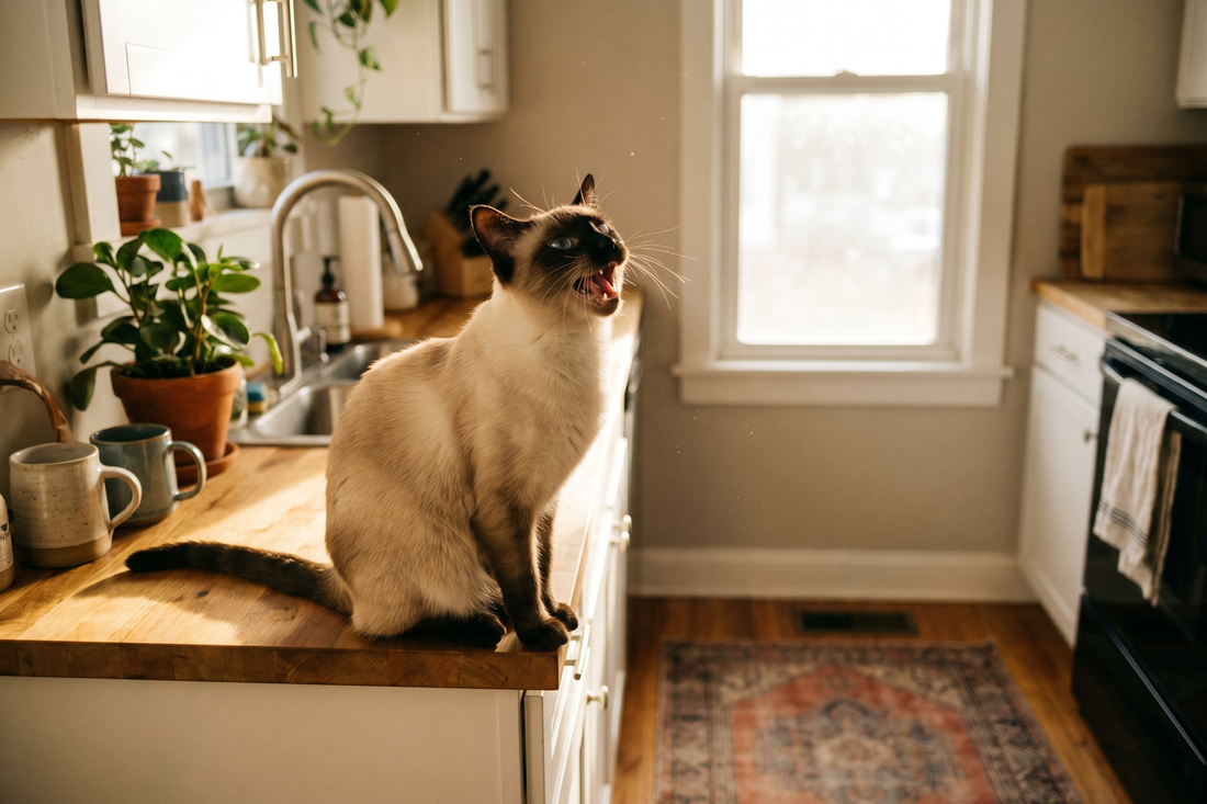 Vocal cat with mouth wide open meowing loudly at its owner