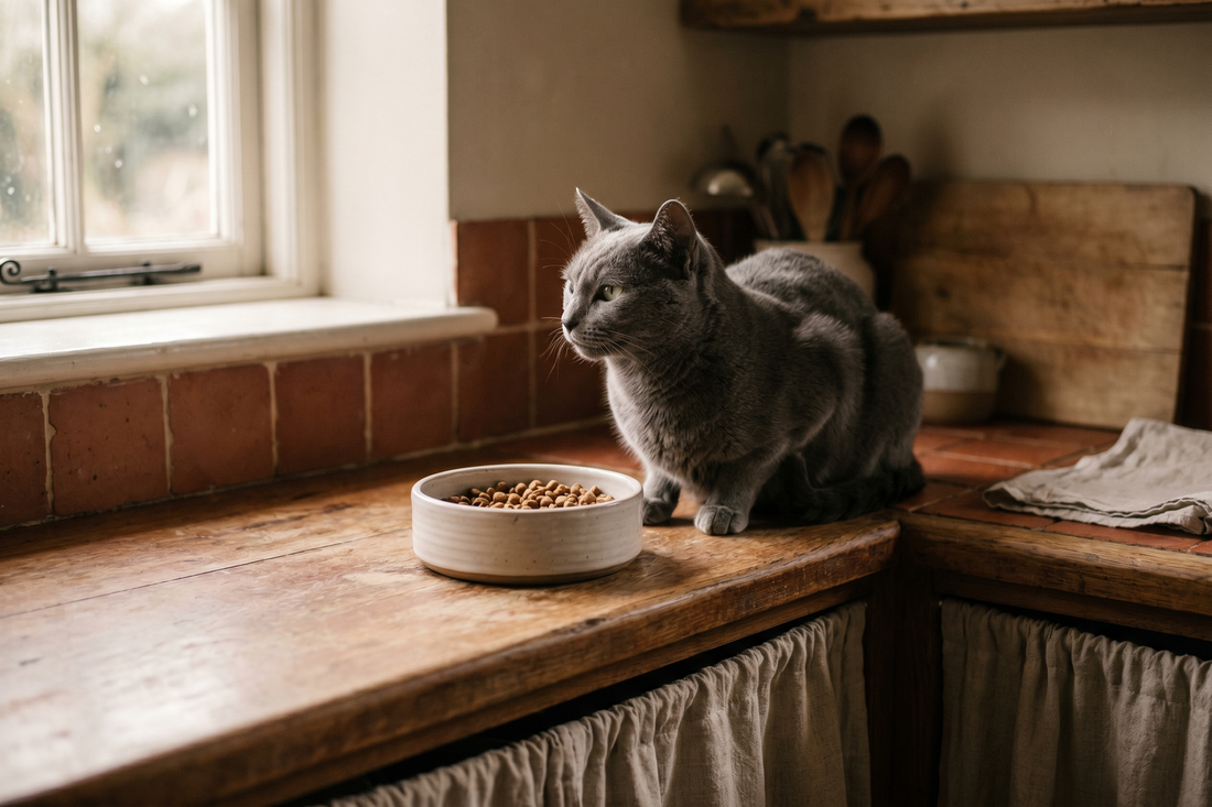 Worried cat sitting next to a full food bowl refusing to eat