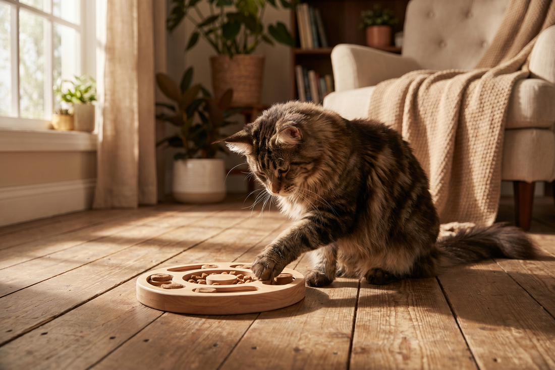 Curious cat pawing at a puzzle feeder toy filled with treats
