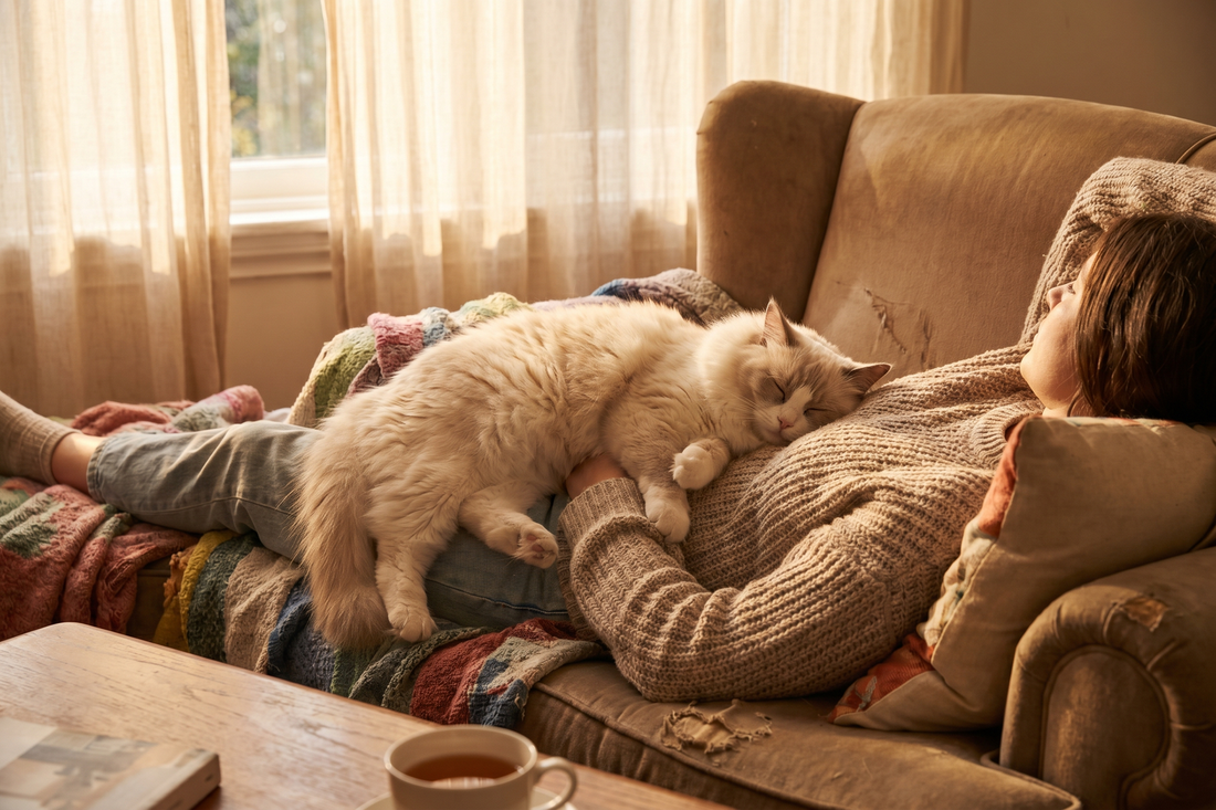 Orange tabby cat sleeping peacefully curled up on owner's lap