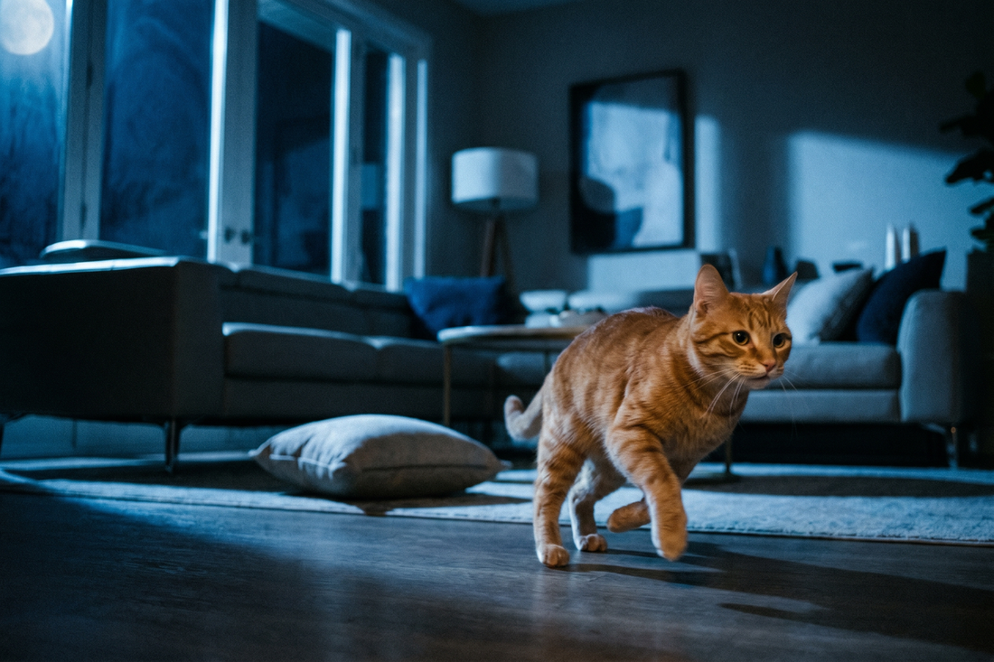 Energetic cat mid-leap running through a dark living room at night