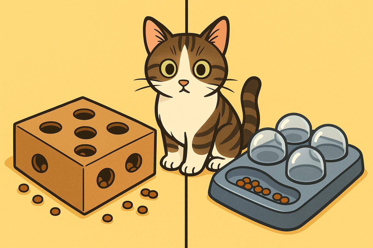 DIY cardboard puzzle feeder next to a professional store-bought cat puzzle toy with a curious cat in the middle