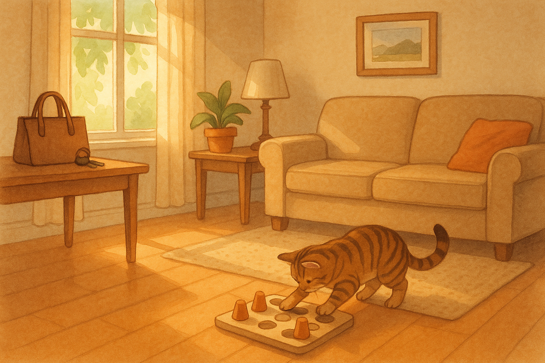 Tabby cat playing with interactive puzzle toy in a sunny living room while owner is at work