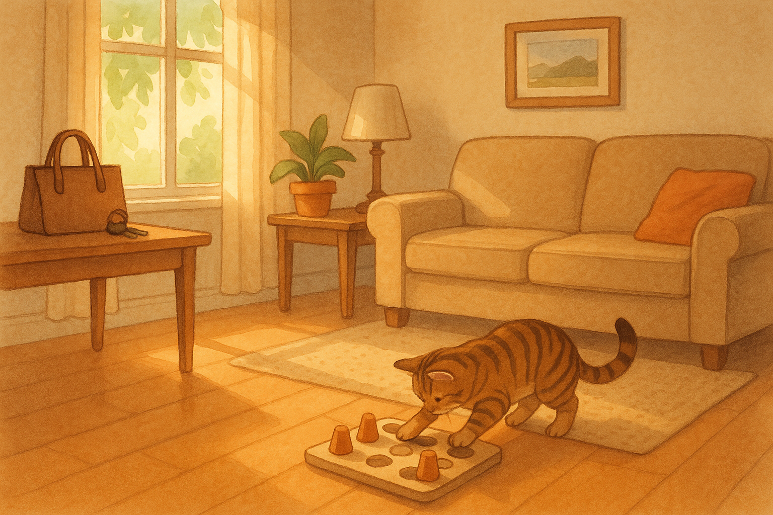 Tabby cat playing with interactive puzzle toy in a sunny living room while owner is at work