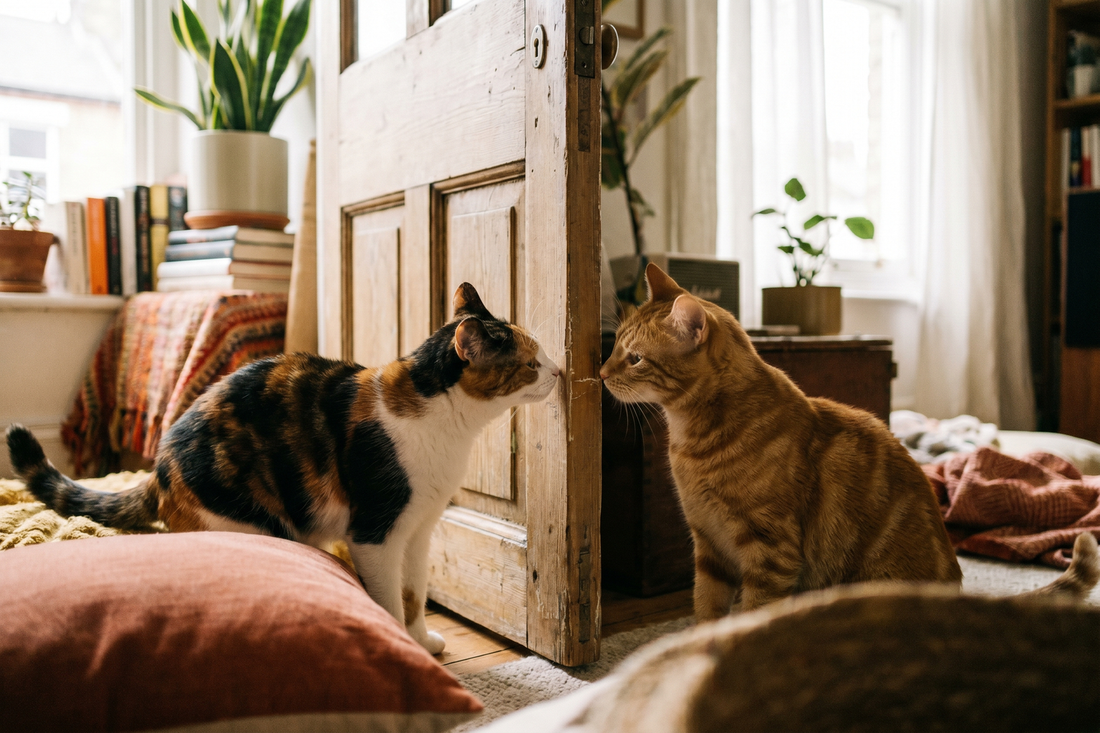 Two cats cautiously meeting each other through a cracked door