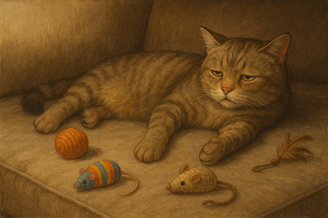 Bored indoor cat lying on couch with half-closed eyes surrounded by untouched toys