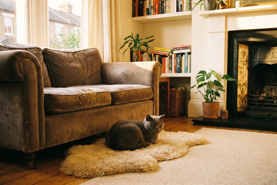 Cat scratching the arm of a couch with visible claw marks on the fabric