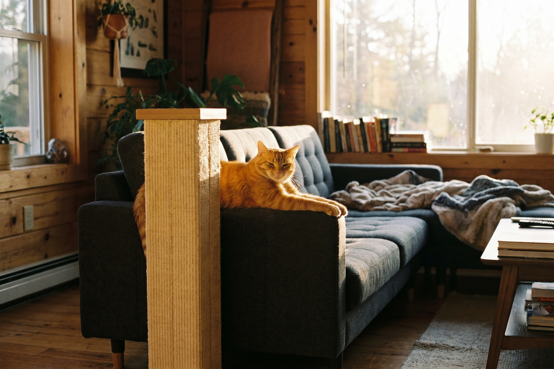 Cat using a scratching post next to a protected sofa