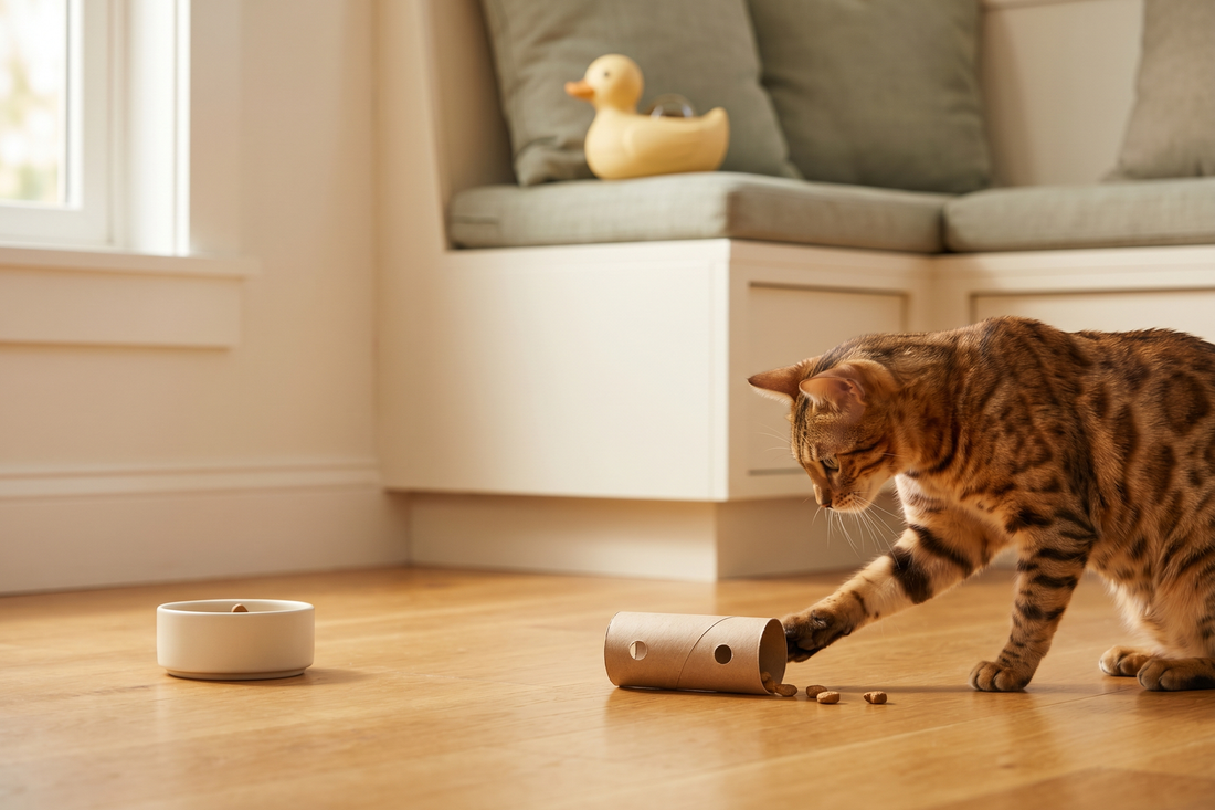 Bengal cat pawing a DIY cardboard cat treat dispenser toy