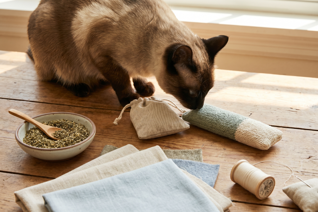 Siamese cat sniffing handmade DIY catnip toys on a craft table