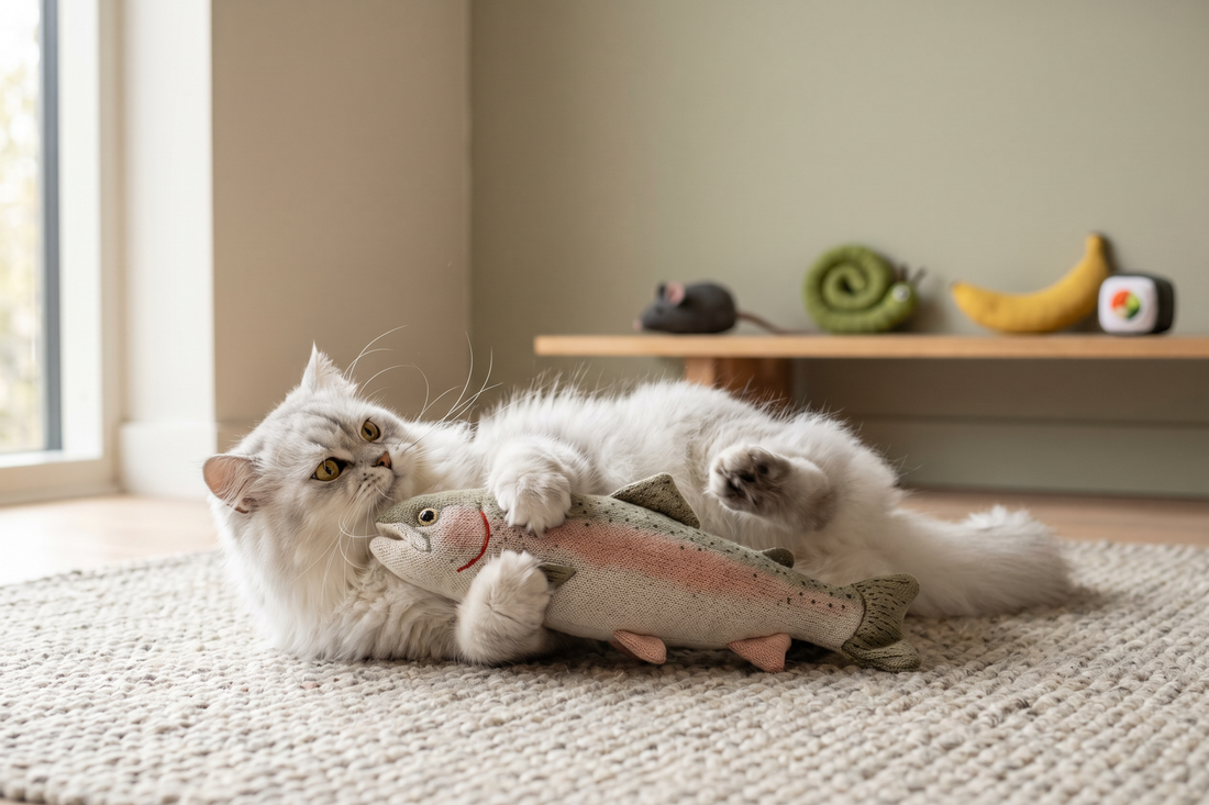 Silver chinchilla cat playing with a plush fish catnip toy