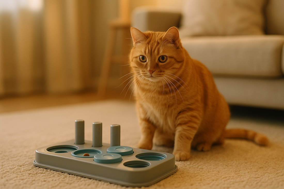 Chubby orange tabby cat next to a puzzle feeder toy
