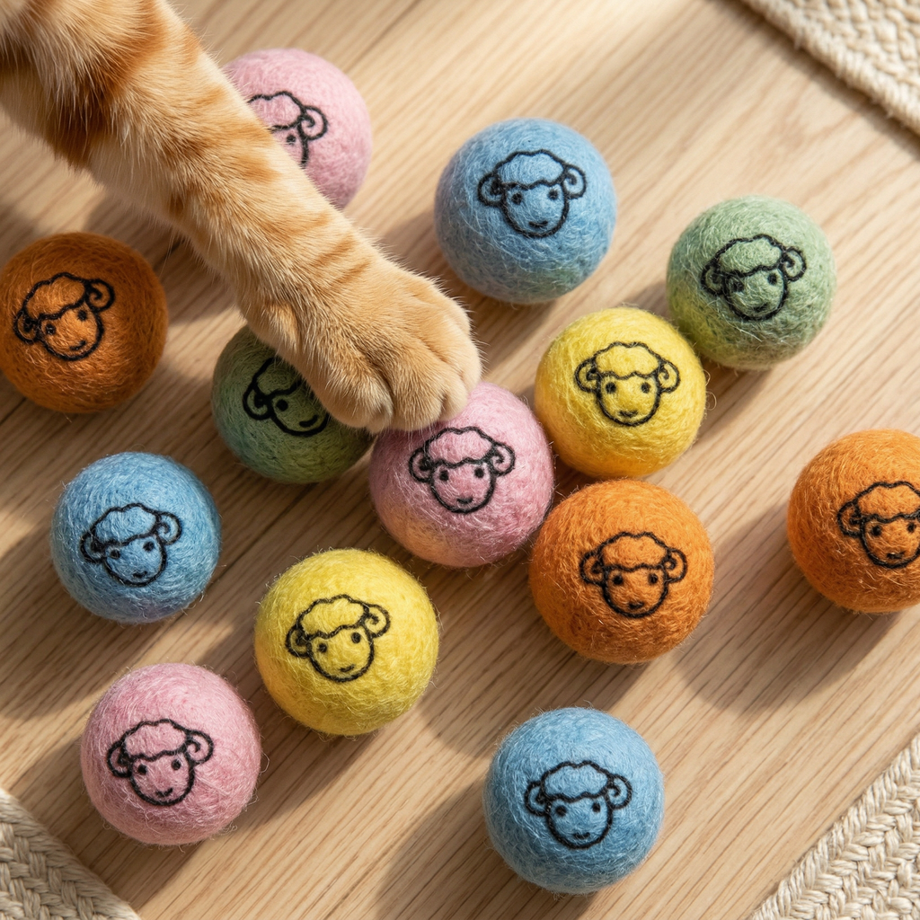 Orange tabby cat paw reaching for Pawstro wool felt balls - top down interactive shot