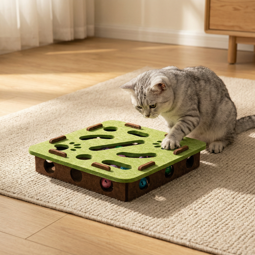 Cat playing with Pawstro felt puzzle maze box in living room