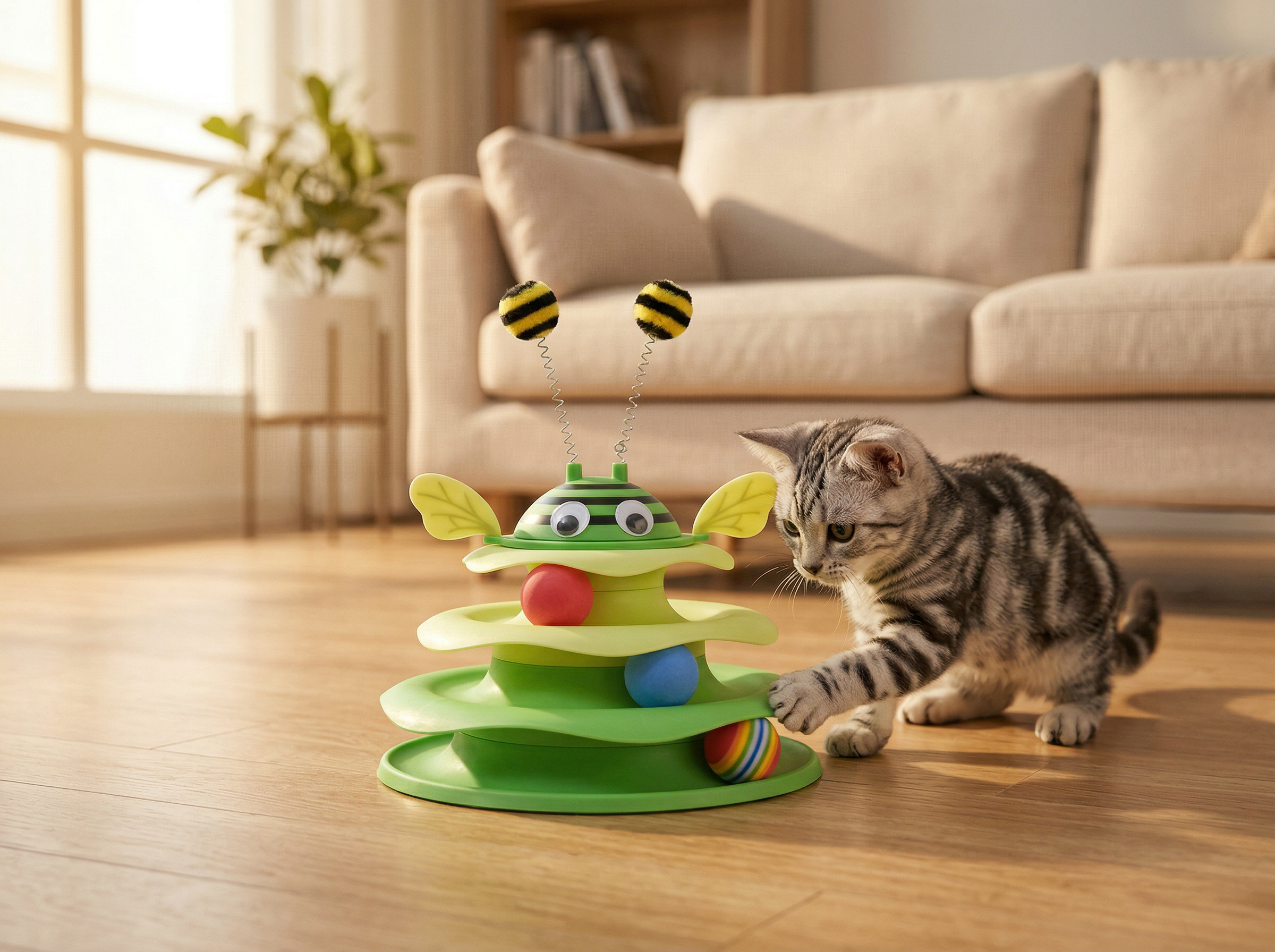 Silver tabby cat playing with Pawstro Bee Turntable in modern living room