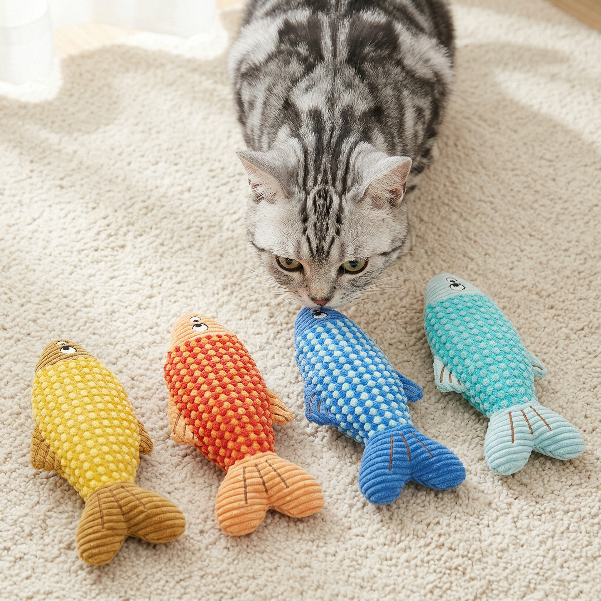 Pawstro Catnip Kick Fish on wooden shelf lifestyle shot