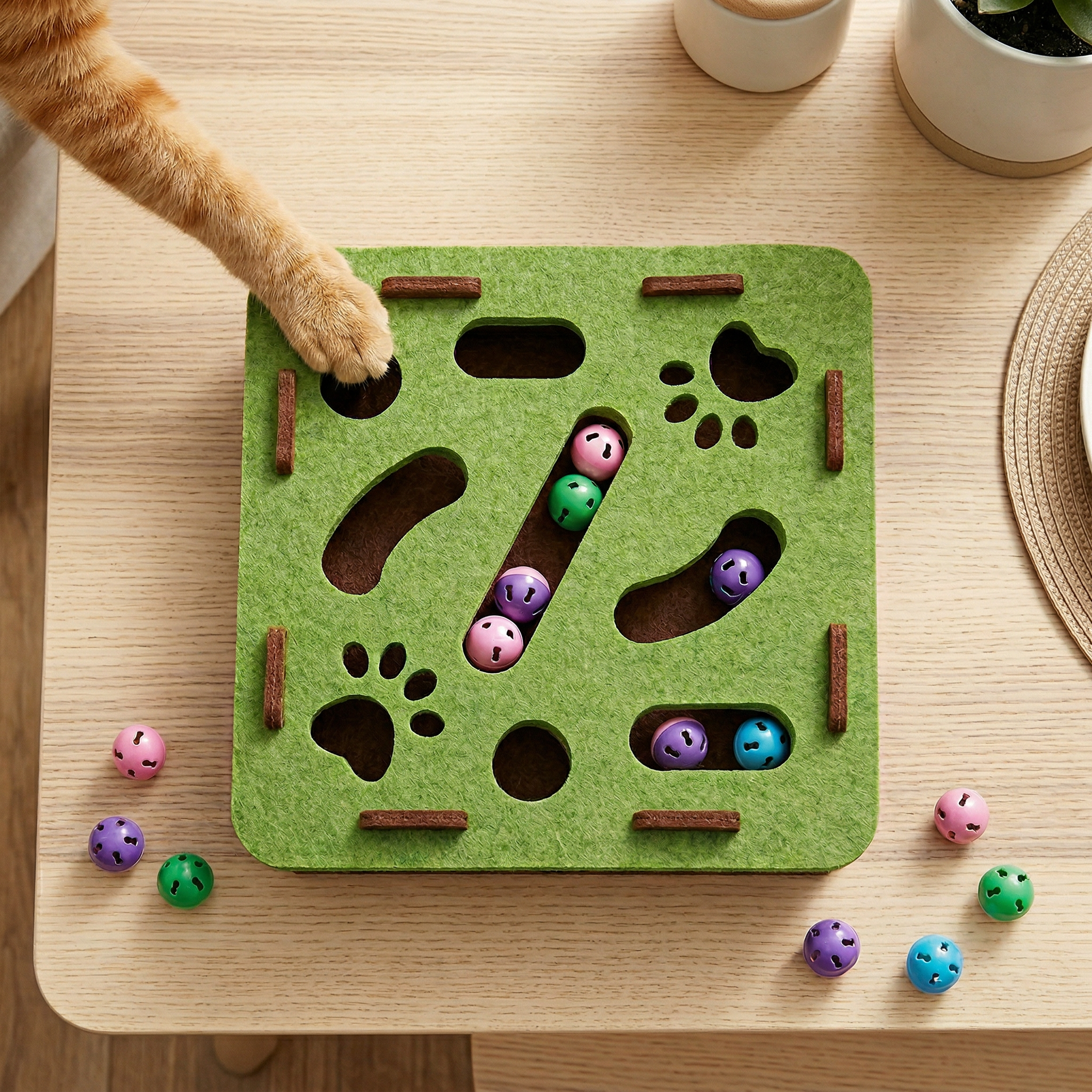 Orange tabby cat paw reaching into Pawstro felt puzzle maze box