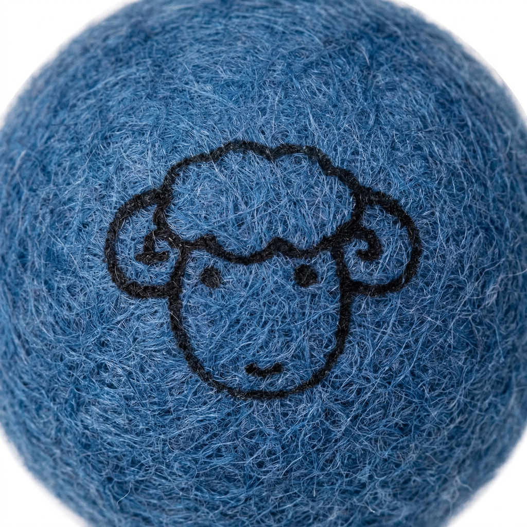 Close-up of Pawstro blue wool felt ball showing fiber texture detail