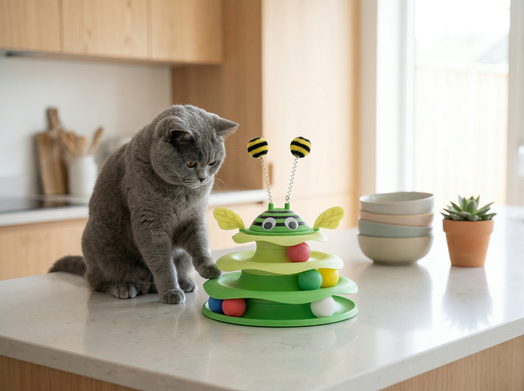 British Shorthair cat with Pawstro Bee Turntable on kitchen countertop