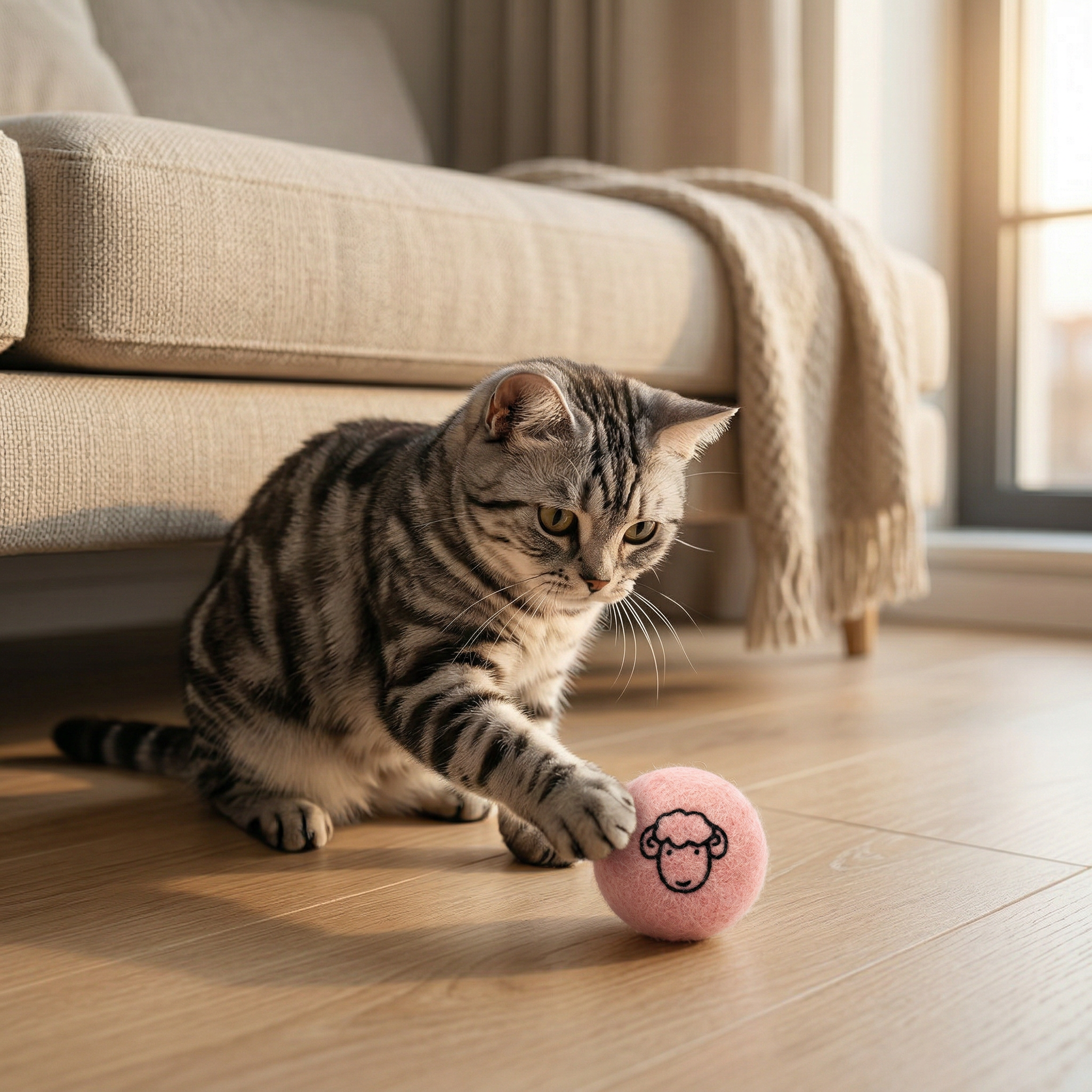Silver tabby cat playing with Pawstro wool felt ball in modern living room