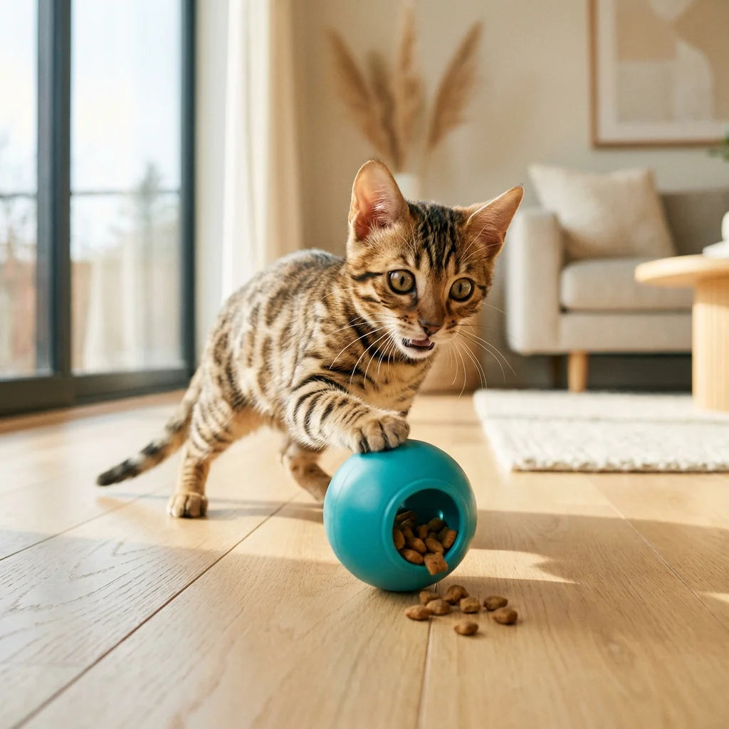 Bengal kitten playing with treat ball