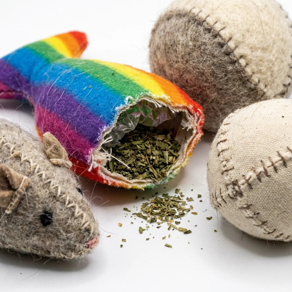 Close-up showing catnip stuffing and stitching