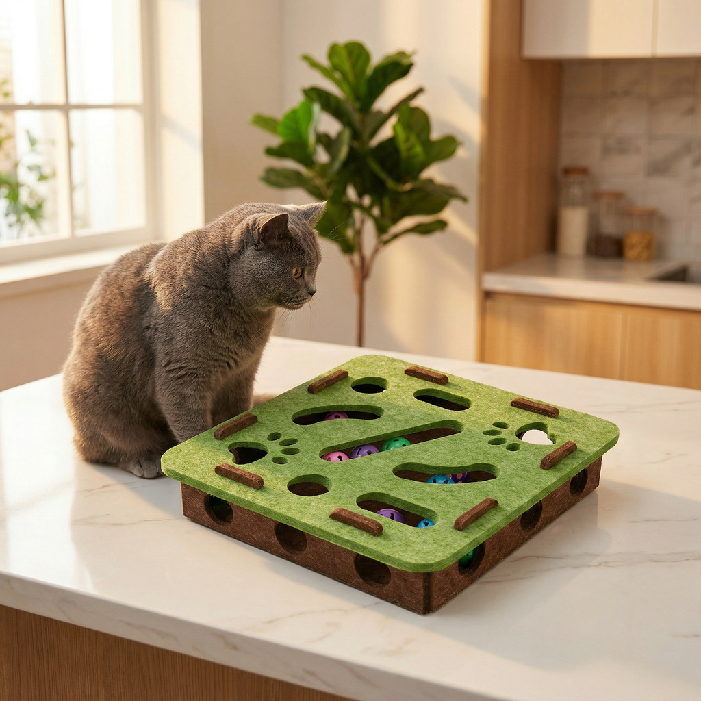 British Shorthair cat with Pawstro felt puzzle maze box on kitchen counter