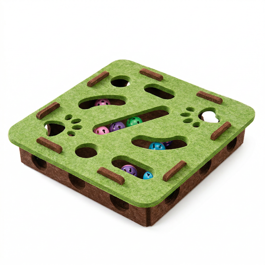 Pawstro felt puzzle maze box for cats - front view on white background