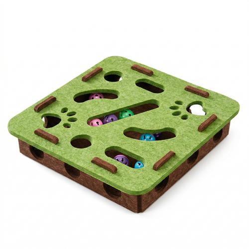 Pawstro felt puzzle maze box for cats - front view on white background