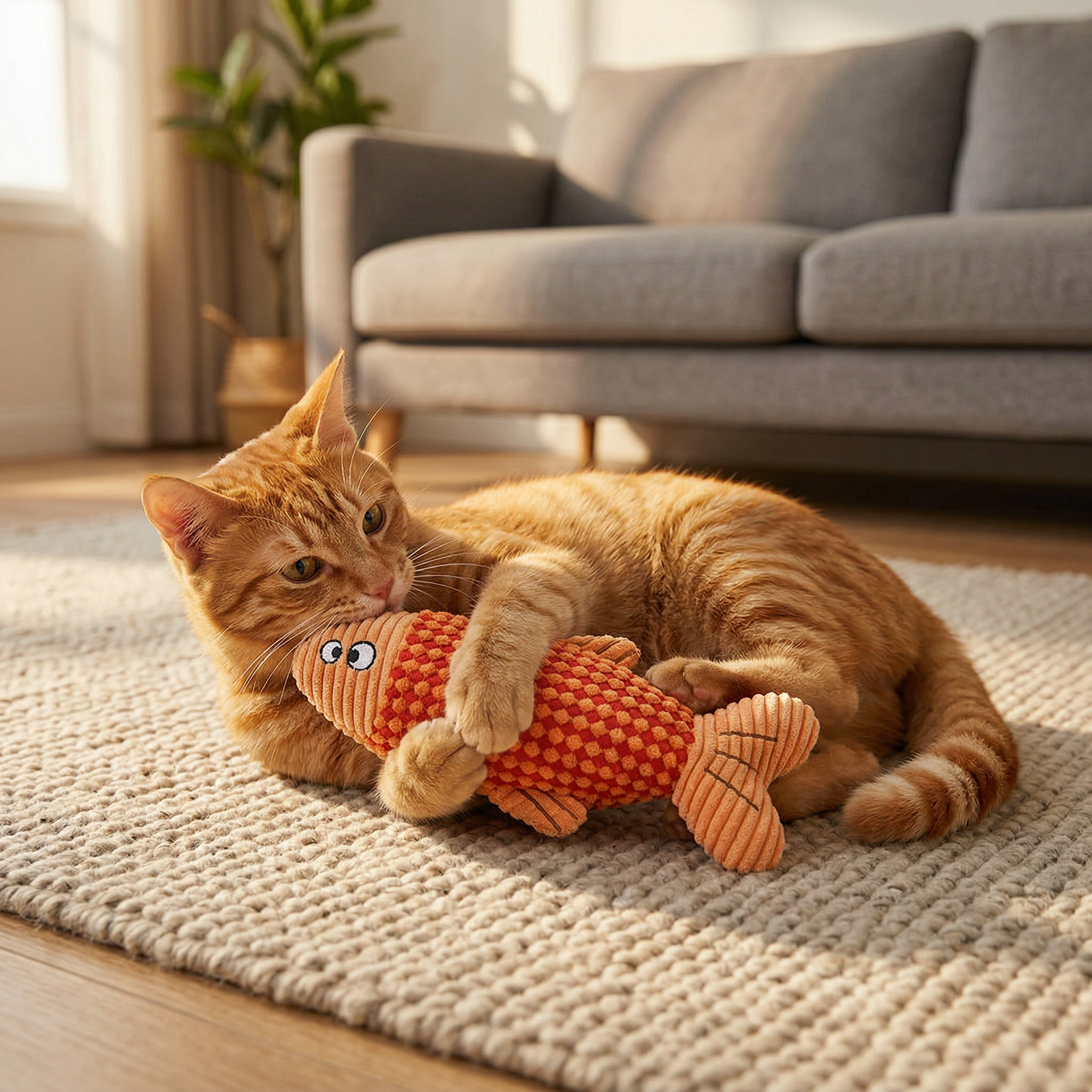 Cat bunny-kicking Pawstro Catnip Kick Fish on living room rug