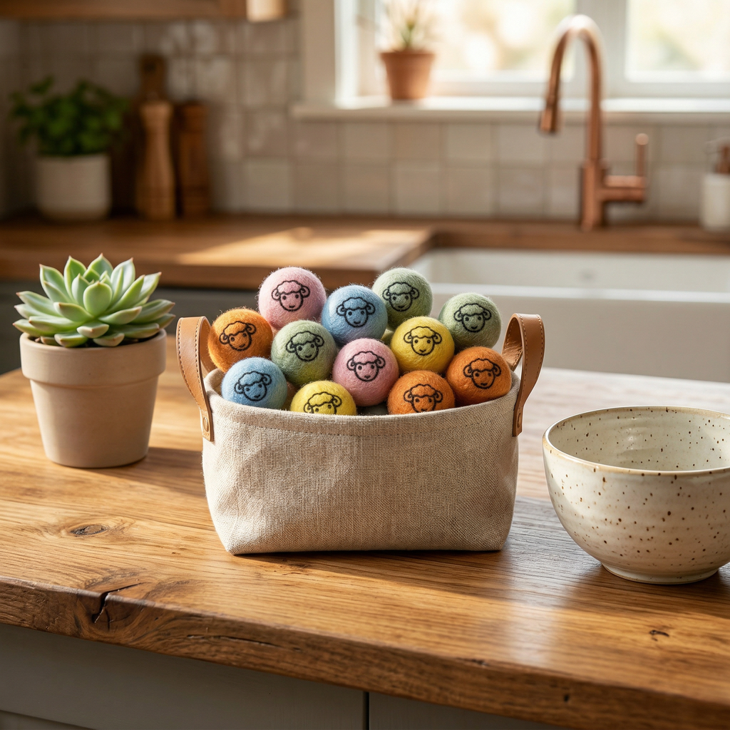 Pawstro wool felt ball set displayed on kitchen countertop in cozy home setting