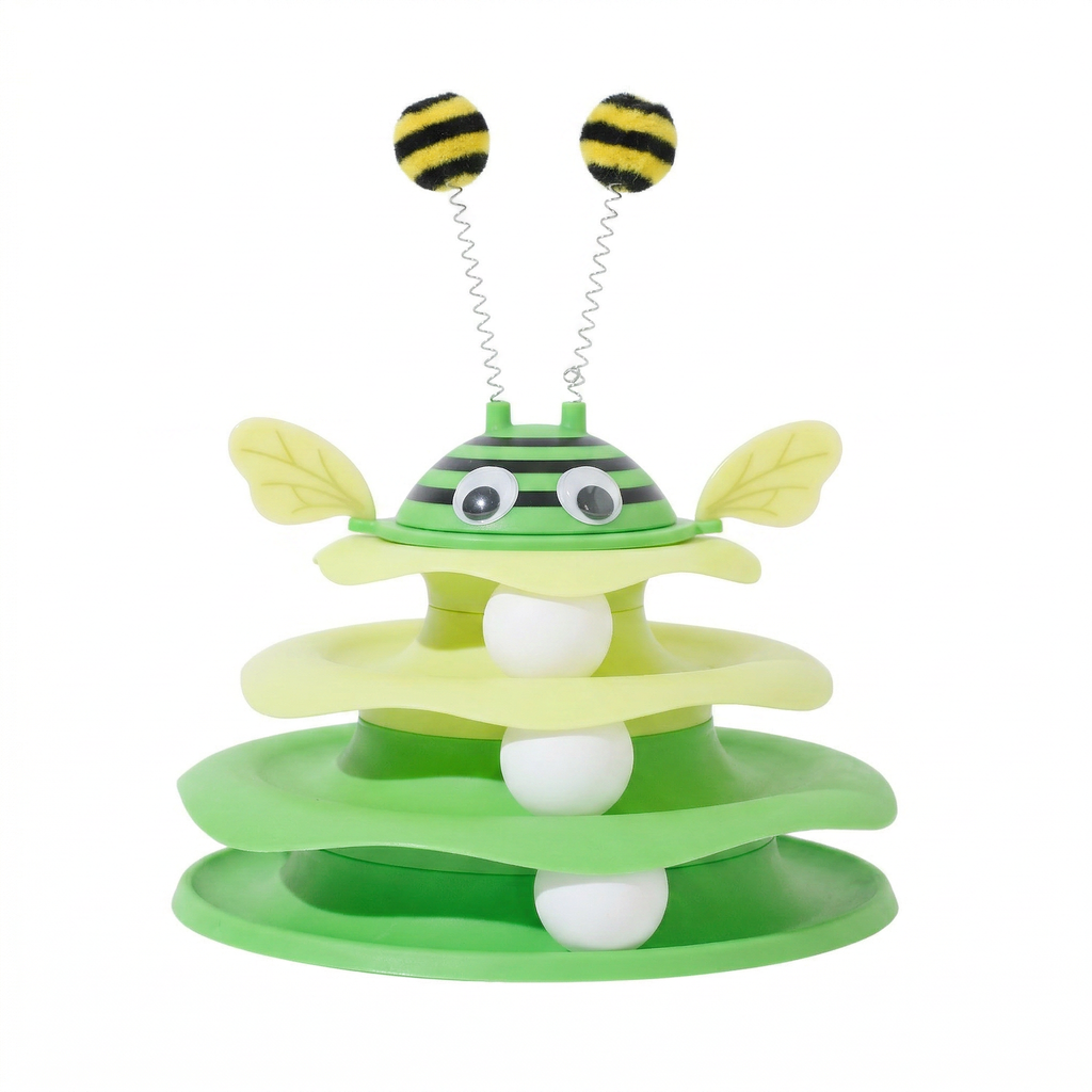 Pawstro Bee Turntable - multi-level interactive spinning cat toy on white background