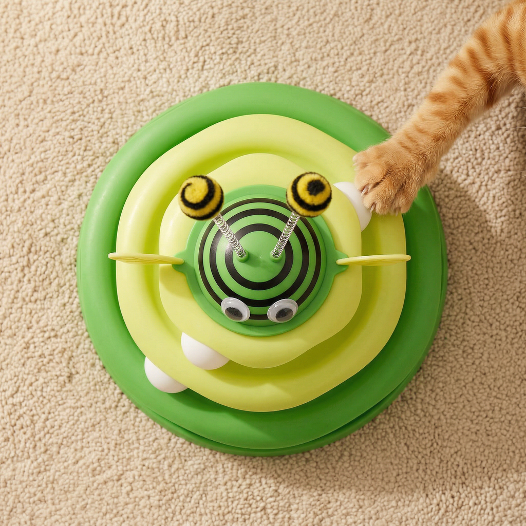 Orange tabby cat paw reaching for Pawstro Bee Turntable toy top-down view