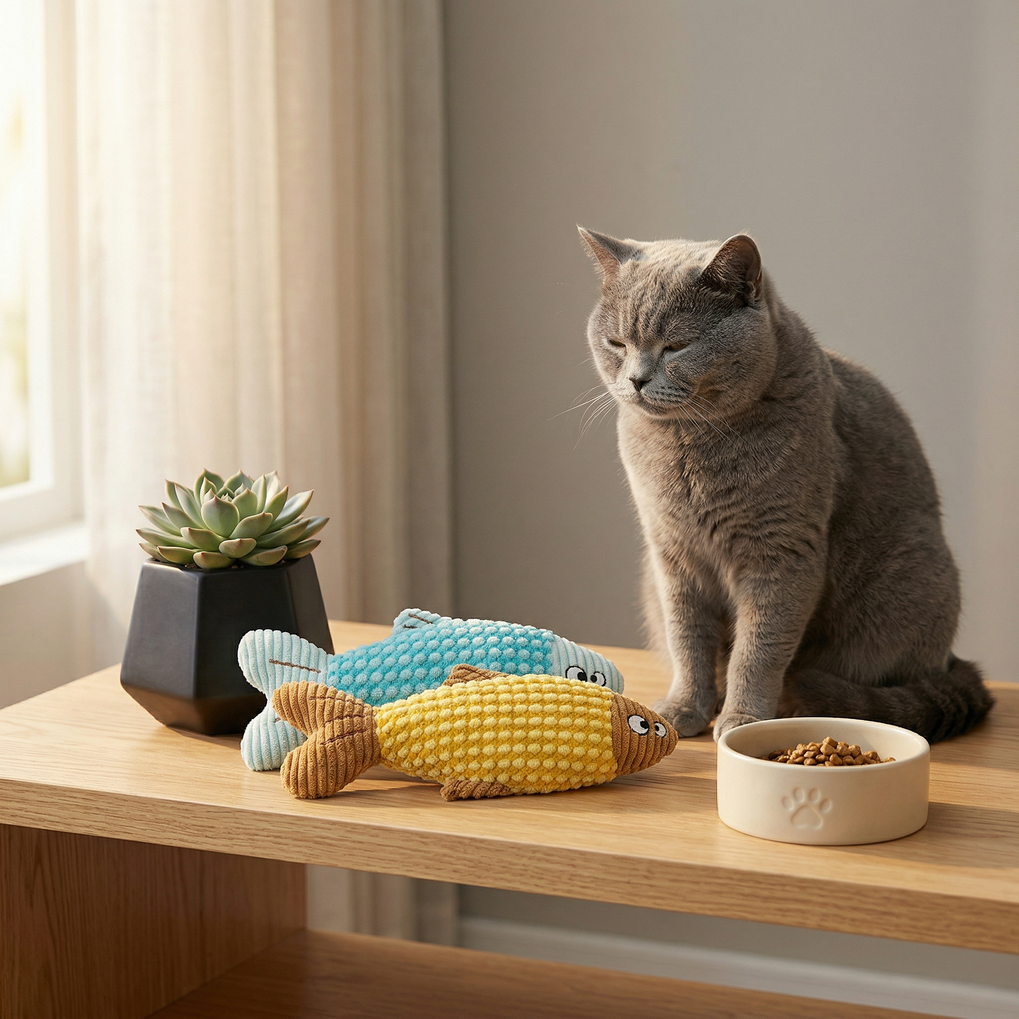 Cat sniffing Pawstro Catnip Kick Fish overhead view