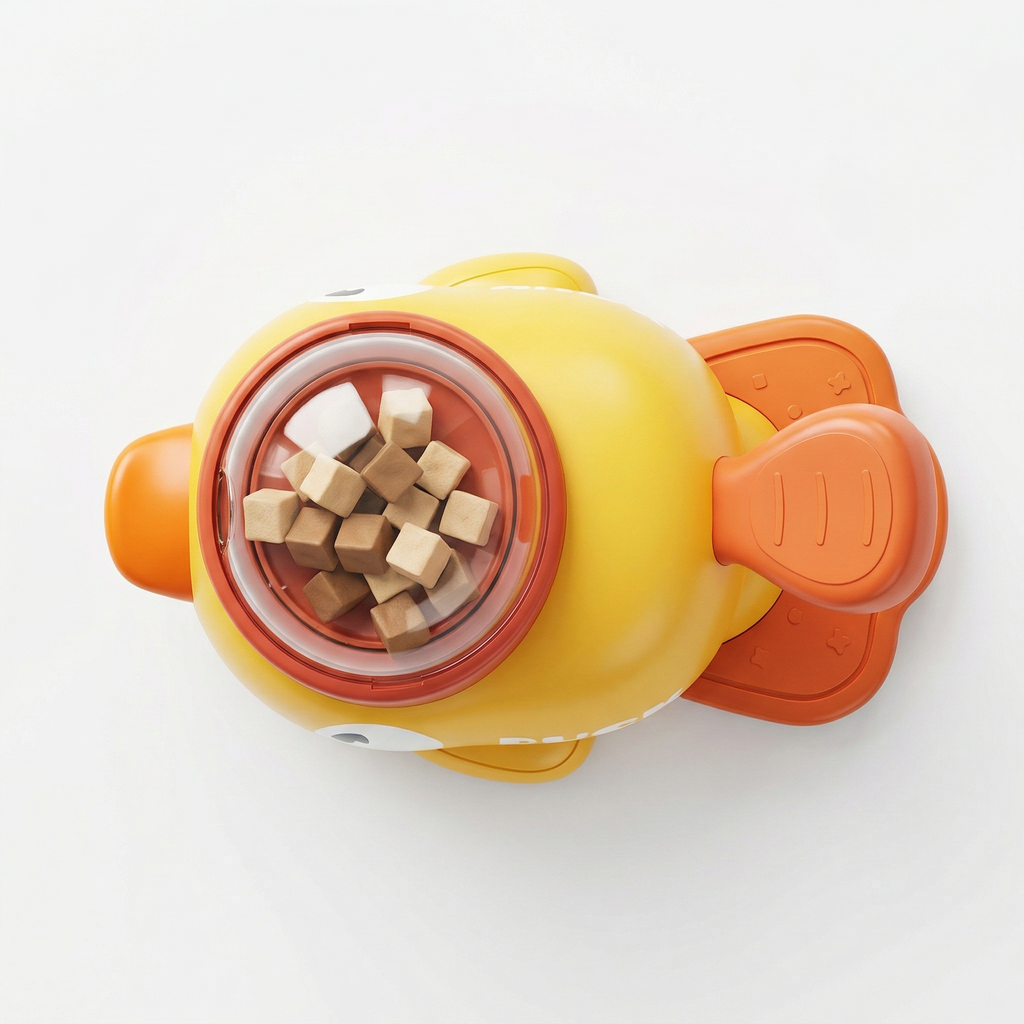 Pawstro Duck Treat Dispenser - press-to-play puzzle slow feeder on white background