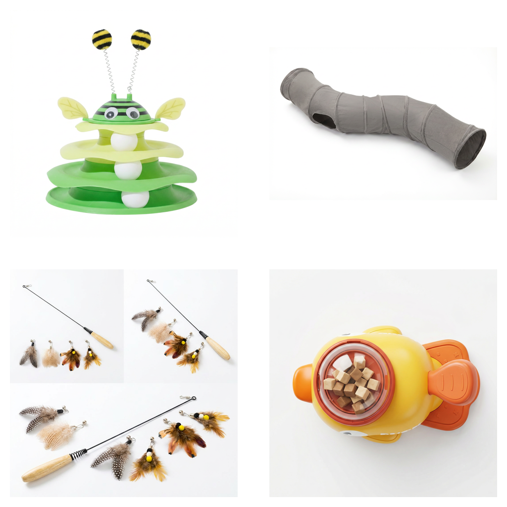 Pawstro Full Hunt Bundle - Bee Turntable, S-Tunnel, Feather Wand Toy, and Duck Treat Dispenser on white background