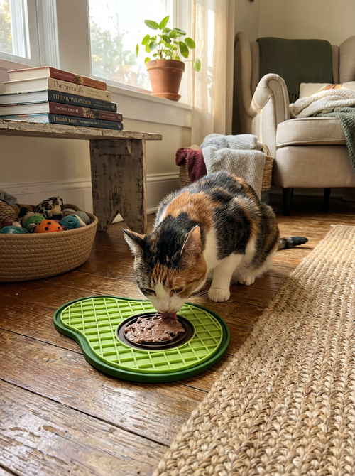 Cat using Pawstro Avocado Lick Mat in modern living room