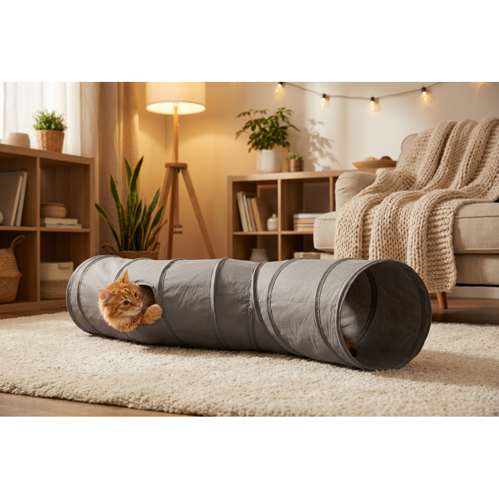 Cat playing inside Pawstro S-Tunnel in modern living room