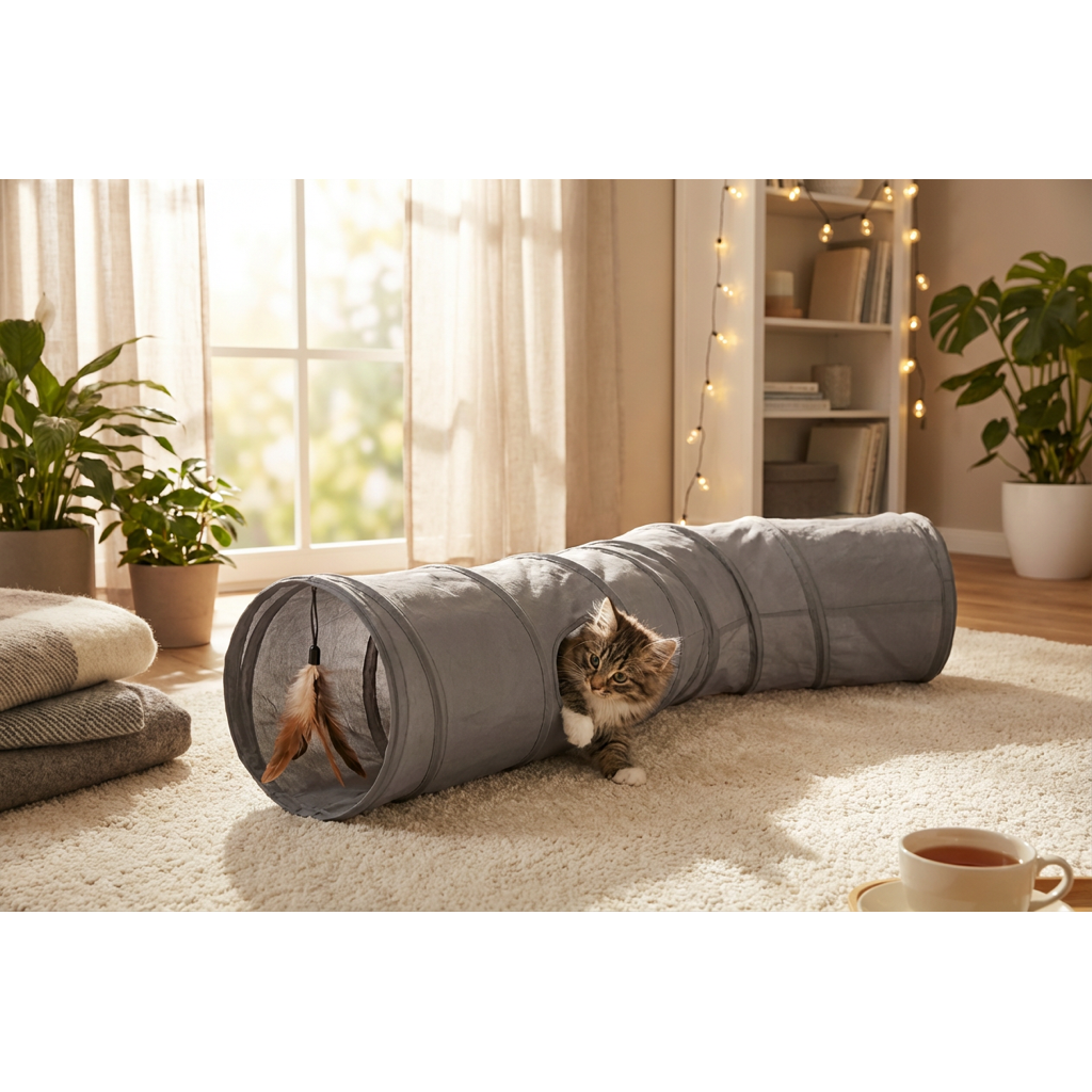 Cat peeking out of Pawstro S-Tunnel peek-a-boo opening