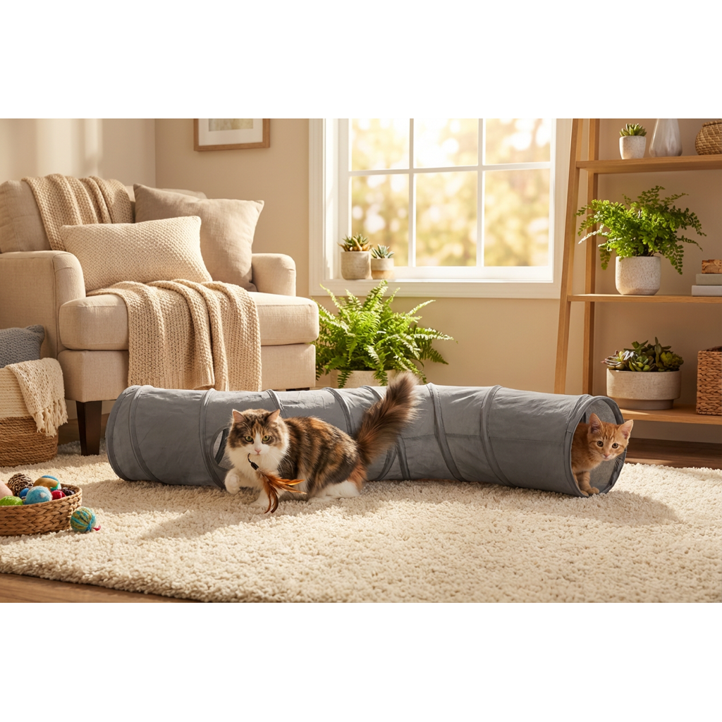 Pawstro S-Tunnel in cozy home environment with cat