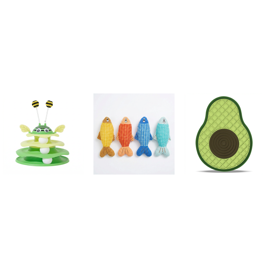Pawstro Starter Kit - Bee Turntable, Catnip Kick Fish, and Avocado Lick Mat on white background