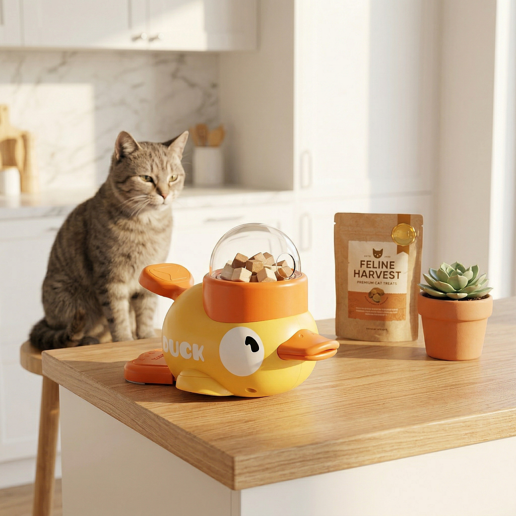 Cat playing with Duck Treat Dispenser in living room