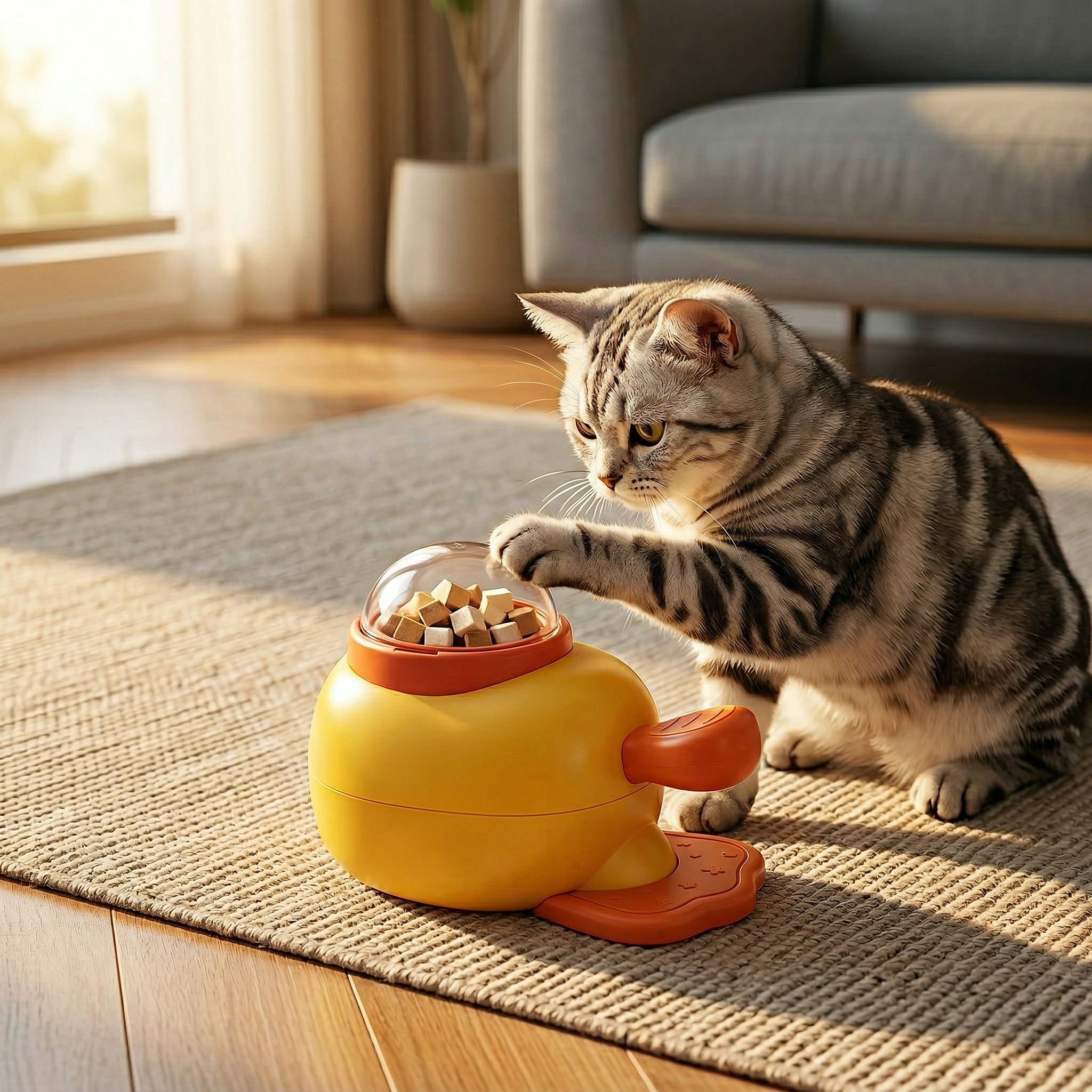 Cat paw pressing Duck Treat Dispenser overhead view