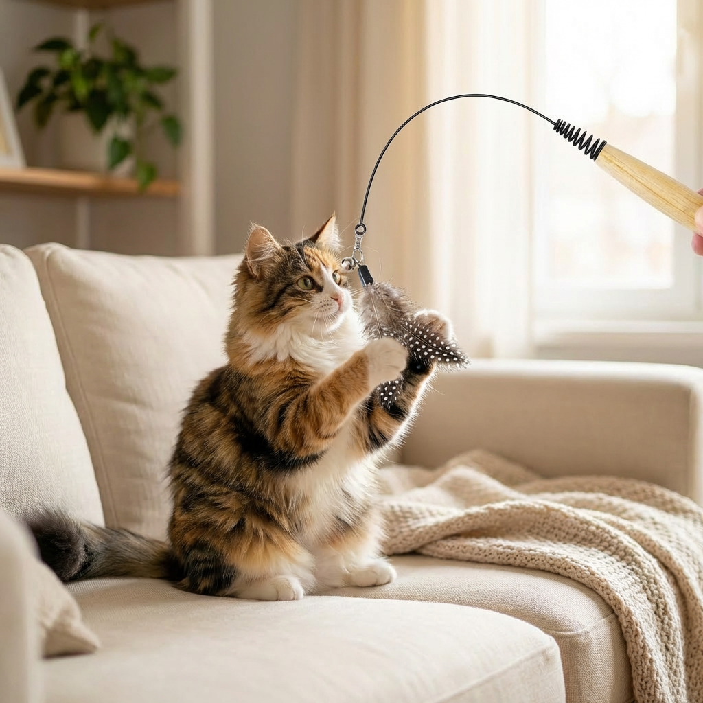 Cat playing with Pawstro feather wand toy in living room